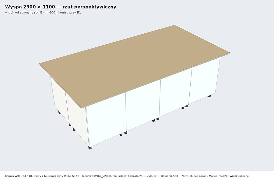 Render wyspy kuchennej 2300 na 1100 z blatem ze sklejki, zaprojektowanej z odręcznego szkicu