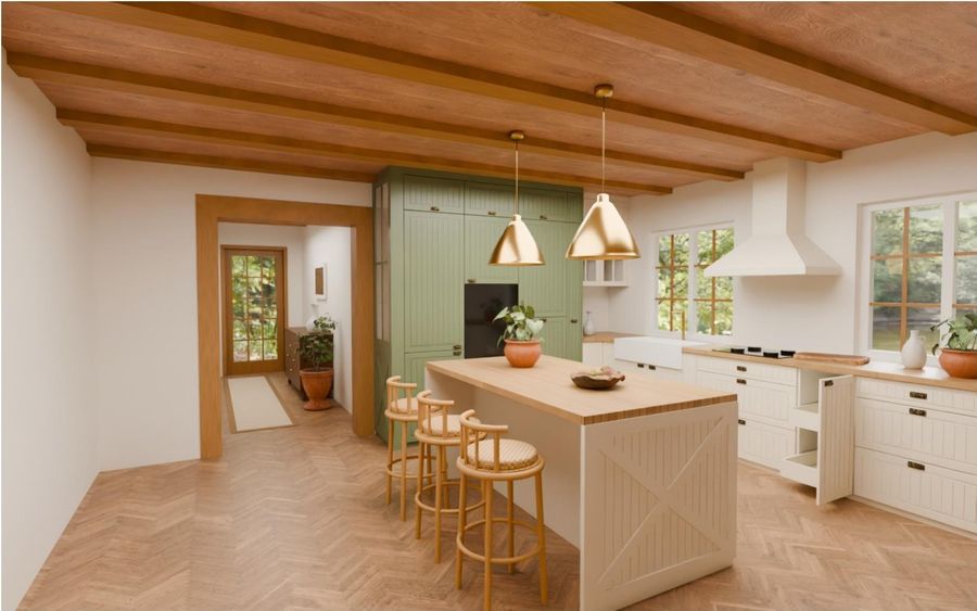 Render kuchni: zabudowa oliwkowa z wyspą